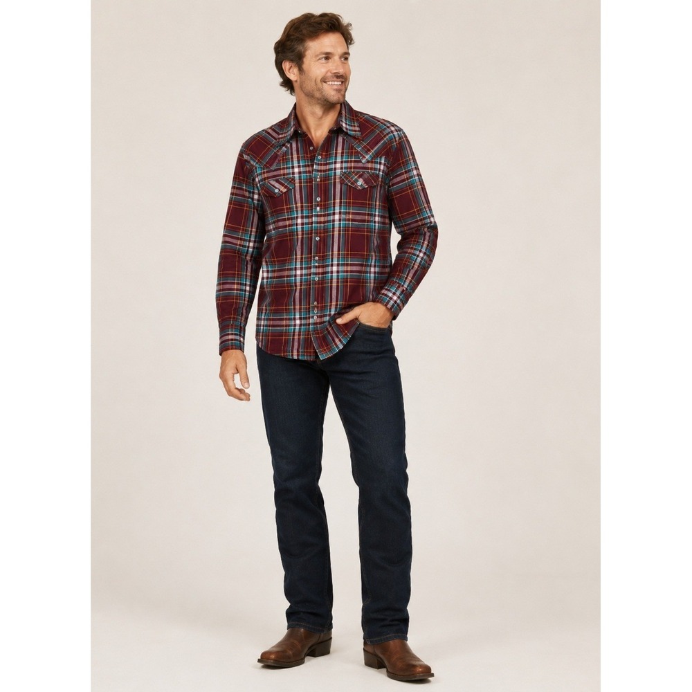 Wrangler Western Shirts Pearl Snap Men Medium Red Plaid Long Sleeve Cotton Blend - Picture 1 of 10